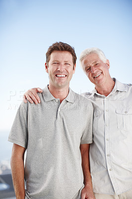 Buy stock photo Elderly father, man and hug for portrait with smile, outdoor and bonding on vacation with summer sky. Senior dad, son and happy together with nature, sunshine and connection on holiday in Australia