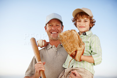 Buy stock photo Father, boy and happy in portrait for baseball, game or hug with love, bonding and teaching. Family, papa and child with bat, glove and softball for sports, learning and embrace for fitness at field
