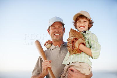 Buy stock photo Father, child and baseball at beach with smile in portrait for, game and hug with love on holiday. Family, dad and boy with bat, glove and ball for sports, learning of embrace for fitness at field