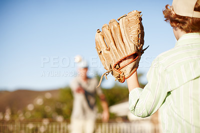 Buy stock photo Child, glove and catch with baseball, play and teaching in training for love, bonding and games in summer. Family home, papa and boy with pitch, skill and softball for sport with learning in backyard