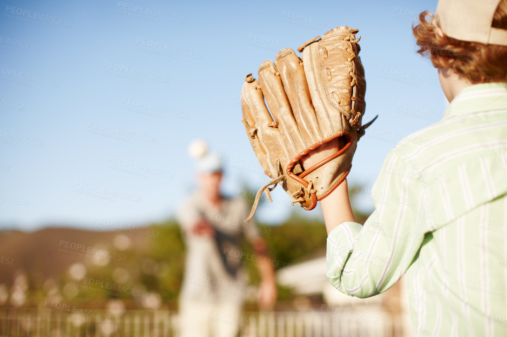 Buy stock photo Child, glove and catch with baseball, play and teaching in training for love, bonding and games in summer. Family home, papa and boy with pitch, skill and softball for sport with learning in backyard