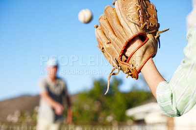 Buy stock photo Dad, boy and catch with baseball, teaching and training for love, bonding and games in summer. Family home, papa and child with pitch, hands and softball glove for sports with learning in backyard