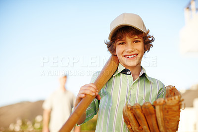 Buy stock photo Boy, baseball glove and bat in portrait, outdoor and backyard in game with dad for love, bonding or teaching. Child, smile and ready for softball, sports and learning with papa for fun at family home