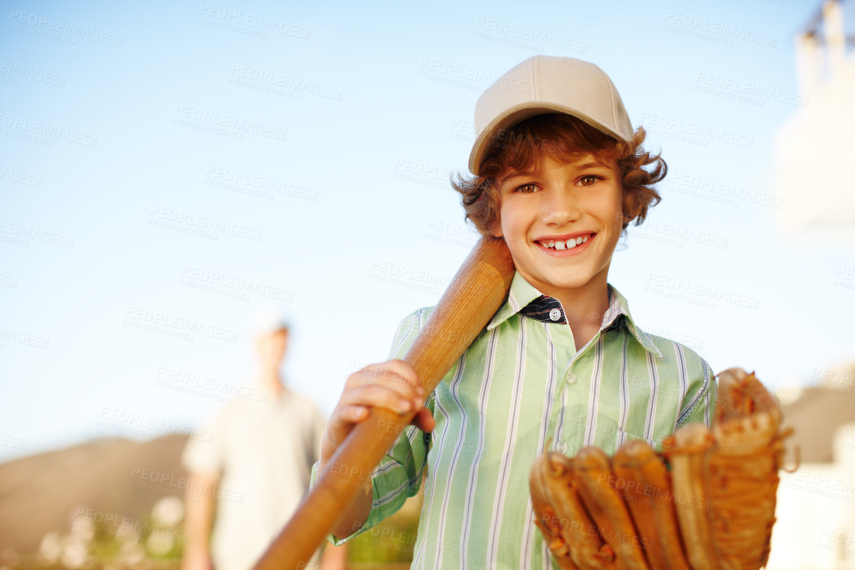 Buy stock photo Boy, baseball glove and bat in portrait, outdoor and backyard in game with dad for love, bonding or teaching. Child, smile and ready for softball, sports and learning with papa for fun at family home