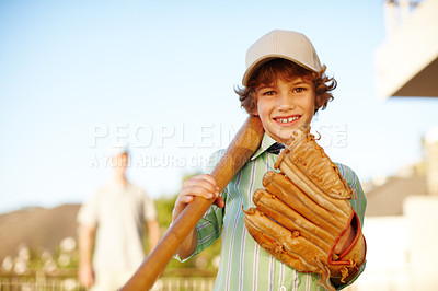 Buy stock photo Boy, baseball and bat in portrait, garden and backyard for games with dad for love, bonding and teaching. Child, smile and ready for softball, sports and learning with glove for fun at family home