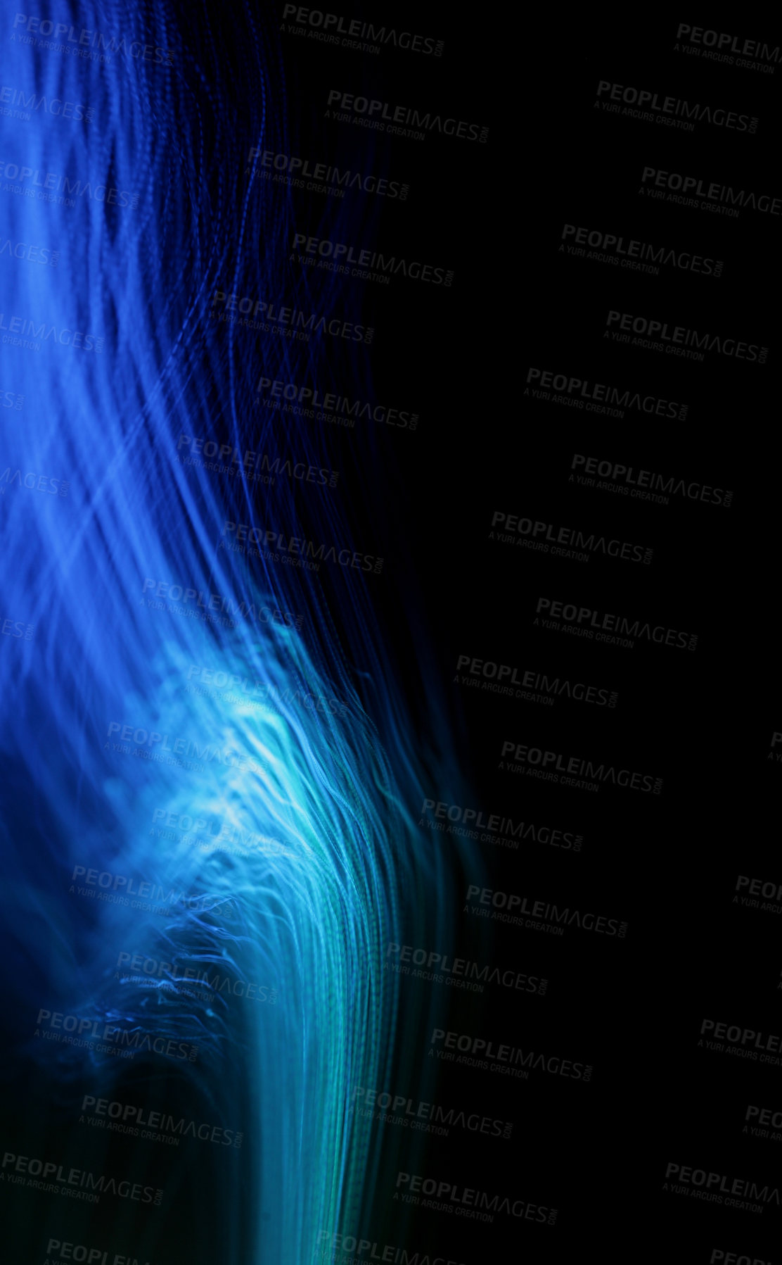 Buy stock photo Modern futuristic tech and lightning concept or wallpaper. Illustration of beams of light against a dark background. Abstract shades and textures. Dynamic neon energy, bizarre artificial energy flow