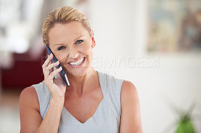 Buy stock photo Portrait, business and woman with phone call in office for discussion, positive feedback and online negotiation. Smile, female person and mobile for contact, conversation and networking at workplace