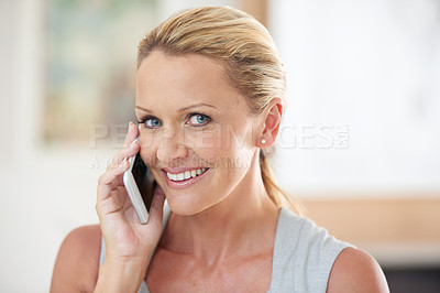 Buy stock photo Cropped portrait of an attractive businesswoman talking on the phone