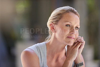 Buy stock photo Business woman, smile and thinking in home with contemplating, ideas and empowerment as consultant in firm. Female person, mature and experience with planning, professional and lawyer for company