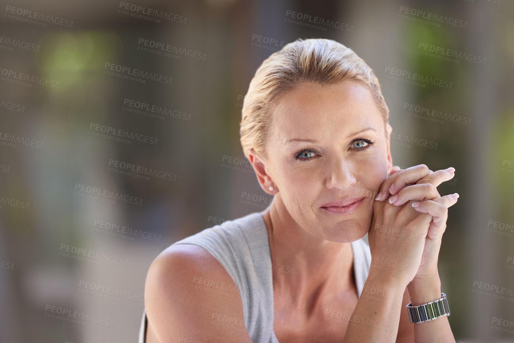 Buy stock photo Confident, face and portrait with business woman outdoor at office for administration or management. Corporate, executive and serious with mature employee at professional workplace for career or job