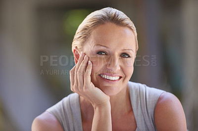 Buy stock photo Corporate, portrait and smile with business woman outdoor at office for administration or management. Face, mission and smile with happy mature employee at professional workplace for career or job