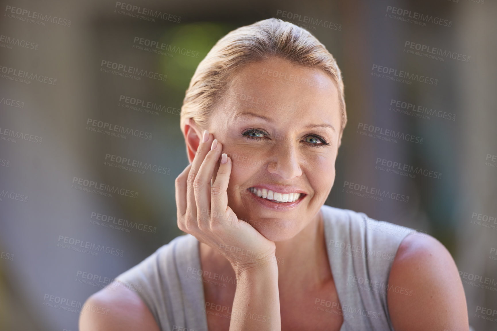 Buy stock photo Corporate, portrait and smile with business woman outdoor at office for administration or management. Face, mission and smile with happy mature employee at professional workplace for career or job