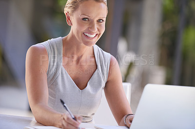 Buy stock photo Laptop, portrait and writing with business woman outdoor at office for administration or management. Computer, corporate and notebook with mature employee at professional workplace for career or job