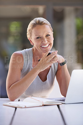 Buy stock photo Laptop, notebook and portrait with business woman outdoor at office for administration or management. Computer, corporate and smile with mature employee at professional workplace for career or job