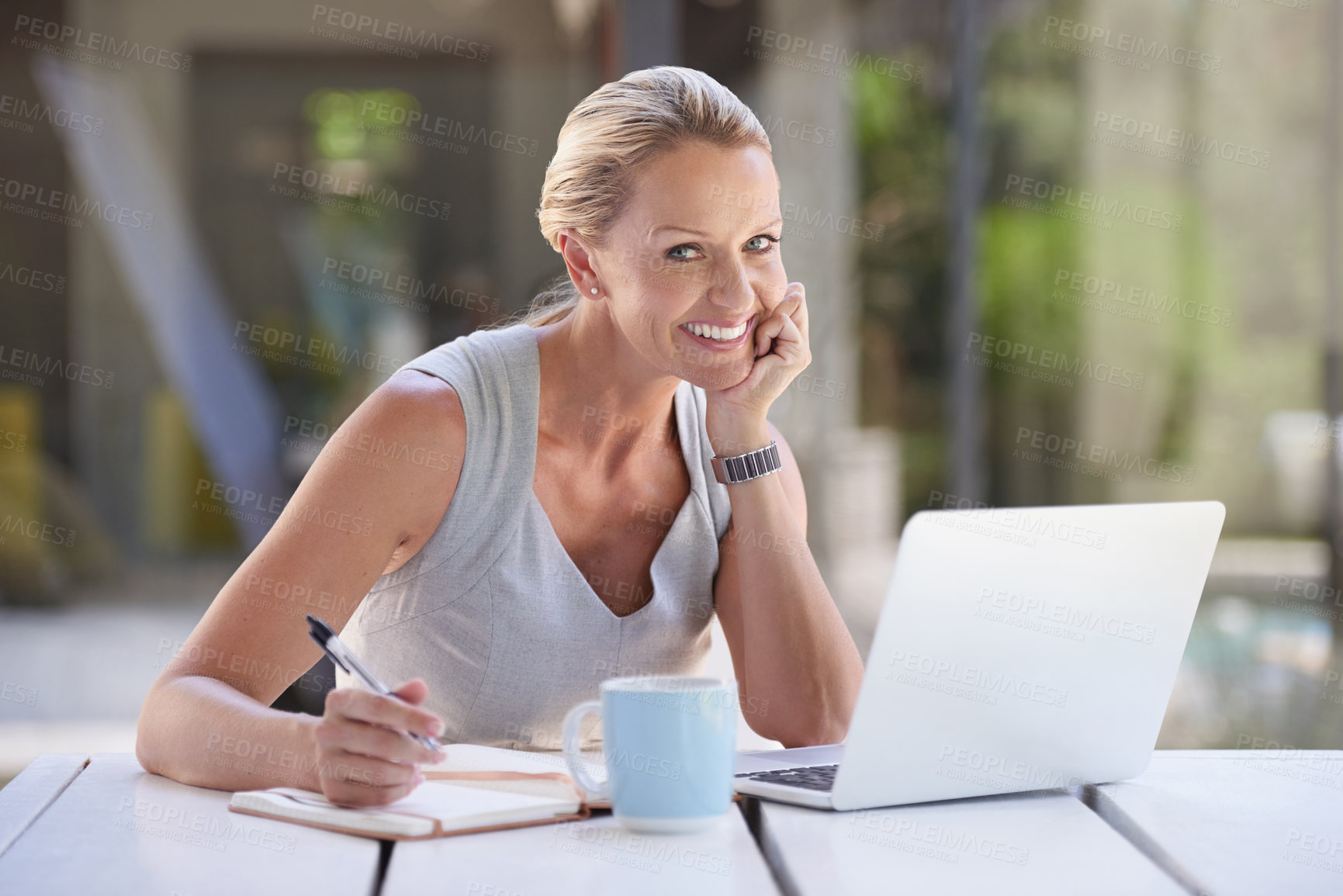 Buy stock photo Laptop, portrait and writing with business woman outdoor at office for administration or management. Coffee, computer and notebook with mature employee at professional workplace for career or job