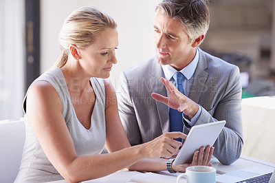 Buy stock photo Businessman, woman and explaining with tablet in office for performance evaluation, digital and financial statement. People, management accountants and discussion for budget, cost and expense control