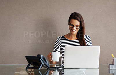 Buy stock photo Laptop, tea and happy business woman in office for planning, management and checking email on wall background. Coffee, smile and female manager online for project, proposal or creative idea research