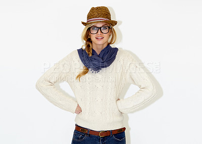 Buy stock photo Fashion, glasses and portrait of woman in studio with trendy, cool and stylish outfit and accessories. Confident, smile and female model from Australia with edgy and casual style by white background.
