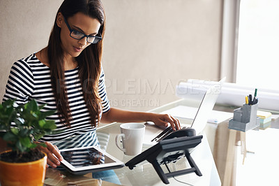 Buy stock photo Journalist, tablet and office desk with laptop for planning, research or brainstorming for article at work. Woman, technology and thinking with electronics for idea, communication or browse online