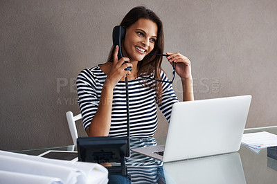 Buy stock photo Secretary, smile and laptop with telephone for phone call, discussion and consulting with client. Woman, table and landline with computer at office desk for admin, conversation and customer service