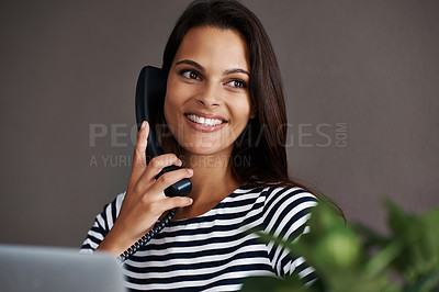 Buy stock photo Telephone call, smile and business woman in conversation, talking or listening to contact in startup office. Landline, happy and secretary on phone, receptionist and creative person in communication