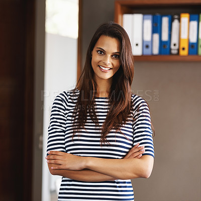 Buy stock photo Portrait, happy and arms crossed with designer woman in office of small business or startup company. Creative, design and smile of young employee looking confident in agency or professional workplace
