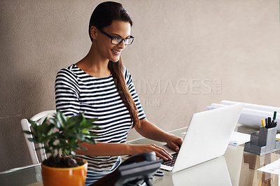 Buy stock photo Business woman, laptop and architecture at office desk for project, planning and research on design software. Young designer typing and reading on computer for development, engineering and report