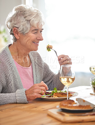 Buy stock photo Wine, smile and senior woman at lunch at table with health, celebration and relax in nursing home. Food, drinks and old person eating in dining room with happy brunch, nutrition and retirement.