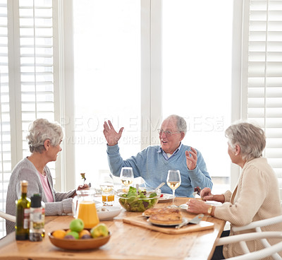 Buy stock photo Wine, conversation and senior friends at lunch in home with smile, celebration and retirement. Food, drinks and bonding with memory, old man and women at dinner table together for happy brunch.