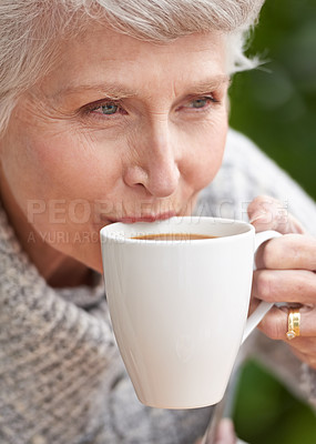 Buy stock photo Senior woman, coffee and face with retirement for old age, and relaxation. Elderly person, grandma and closeup with smile and wrinkles while sitting and thinking for leisure, drinking and mature  
