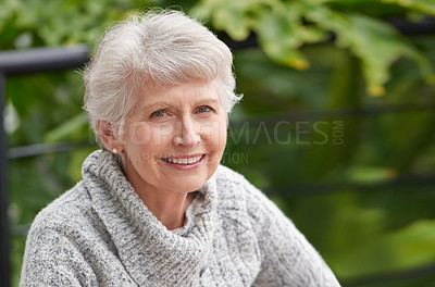 Buy stock photo Portrait, smile and outdoor with senior woman, park and nature with retirement and relaxing. Face, elderly person and pensioner with sunshine and calm with peace and cheerful with winter and backyard