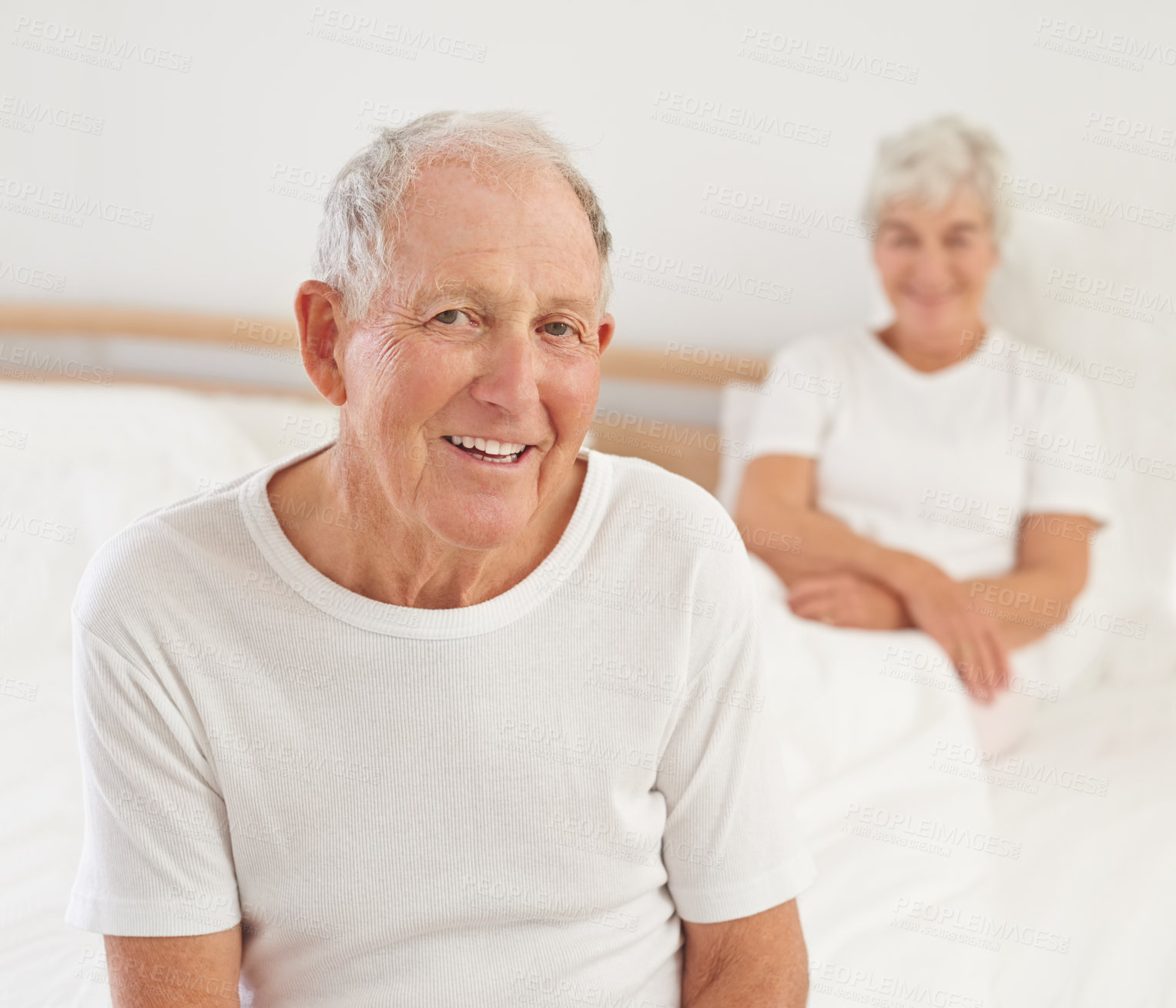 Buy stock photo Elderly man, couple and portrait in bed, smile and relaxing together in retirement at home. Senior people, bedroom and comfort in marriage or relationship, love and bonding for romance on weekend