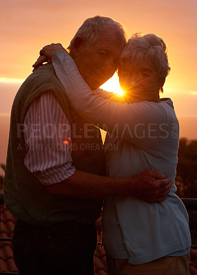 Buy stock photo Sunset, senior couple and portrait outdoor, care and bonding for connection together in nature. Man, woman and embrace for love, romance and hug for commitment in retirement on date with lens flare