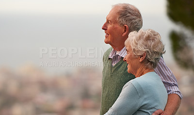 Buy stock photo Love, anniversary and senior couple on balcony of home together with view of nature for romantic getaway. Smile, marriage or bonding with happy elderly man and woman outdoor on holiday or vacation