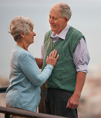 Buy stock photo Love, smile and senior couple on balcony of home together with view of nature for romantic getaway. Marriage, anniversary or bonding with happy elderly man and woman outdoor on holiday or vacation