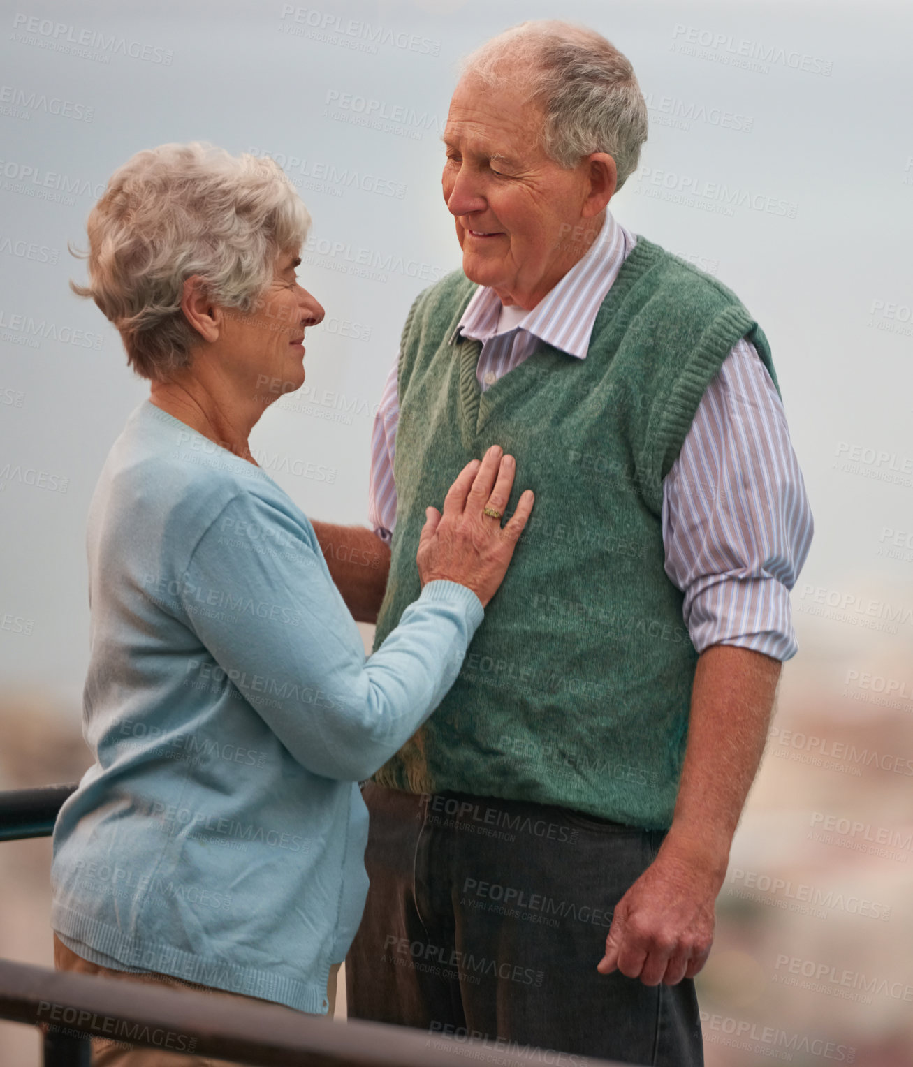 Buy stock photo Love, smile and senior couple on balcony of home together with view of nature for romantic getaway. Marriage, anniversary or bonding with happy elderly man and woman outdoor on holiday or vacation