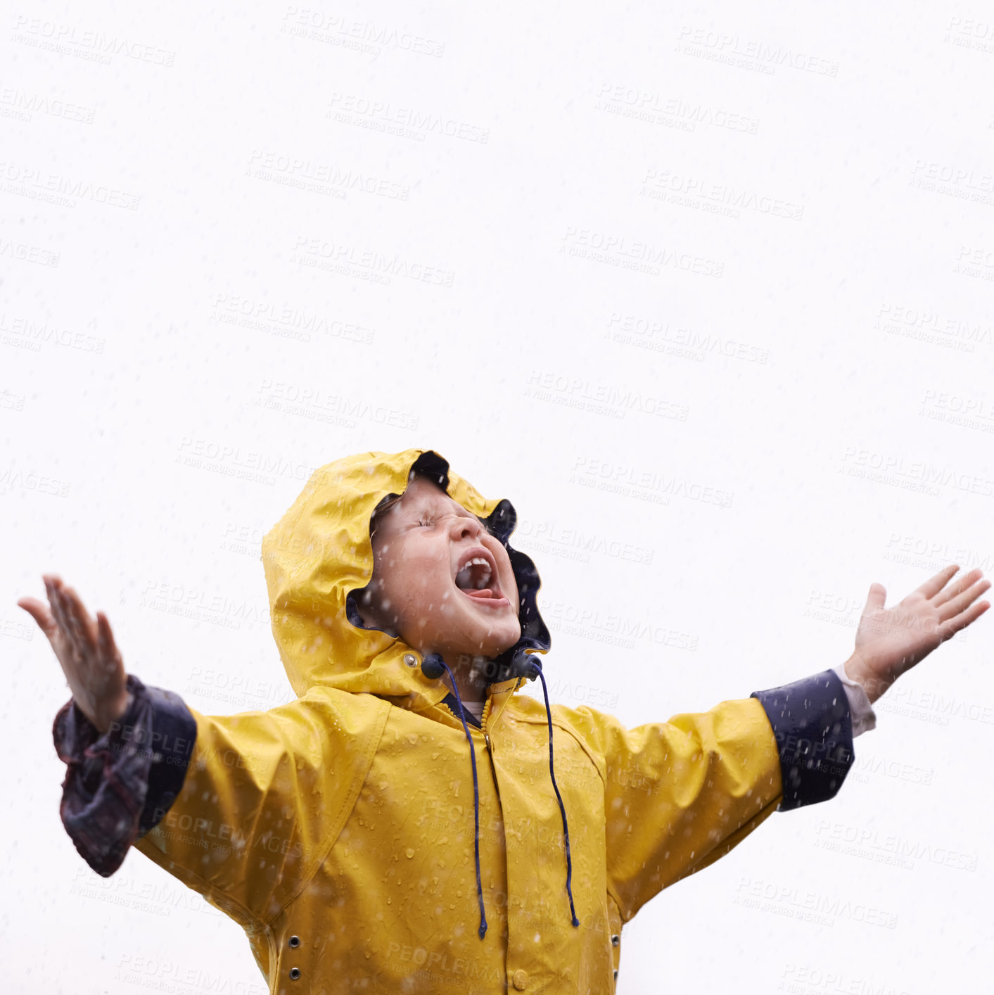 Buy stock photo Girl child, rain and playing with space for mockup with shouting, happiness or winter fashion. Female kid, raincoat or playful with water, open hands or screaming on adventure with freedom in mock up