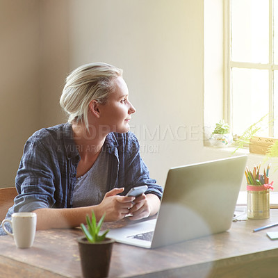 Buy stock photo Thinking, phone and laptop with woman in house for reflection, remote work or planning. Creative, brand identity designer and client research with person in home office for inspiration and idea