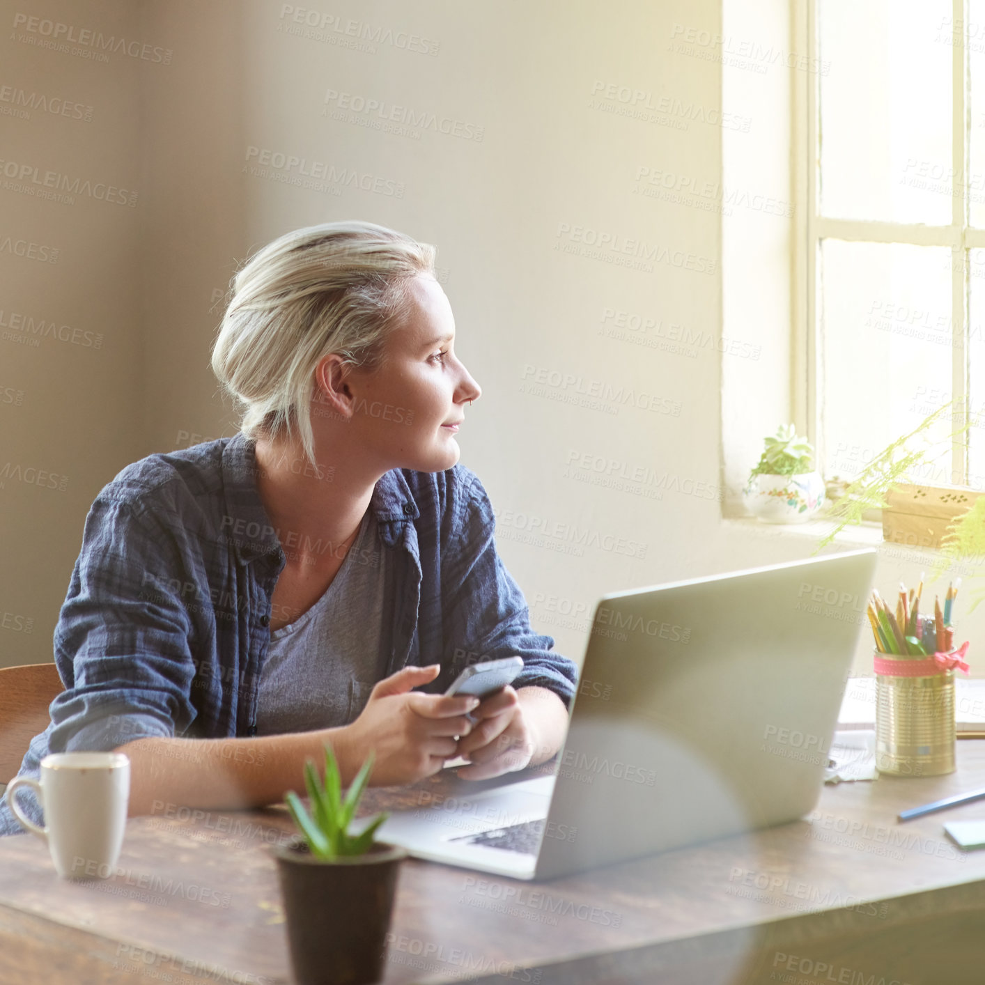 Buy stock photo Thinking, phone and laptop with woman in house for reflection, remote work or planning. Creative, brand identity designer and client research with person in home office for inspiration and idea