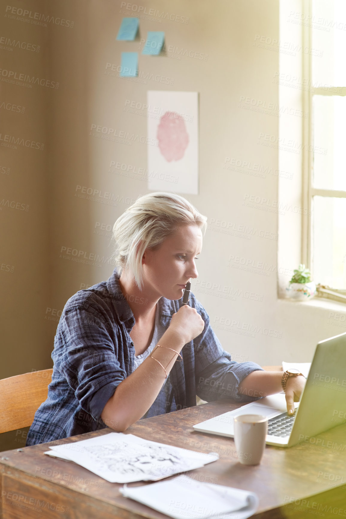 Buy stock photo Thinking, artist and laptop with woman in house for idea, remote work and planning. Creative, brand identity designer and research with person in home office for inspiration, vision and drawing