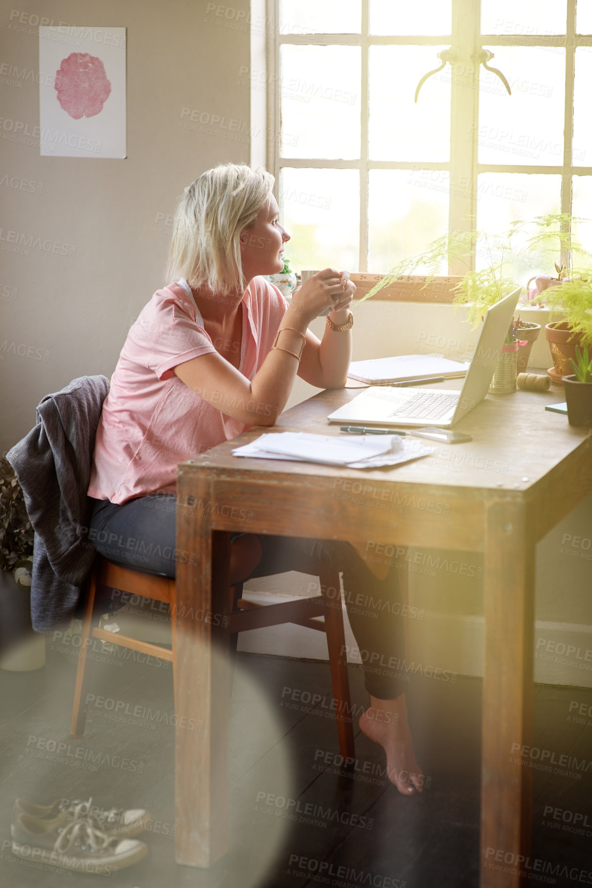 Buy stock photo Thinking, laptop and window with woman in house for reflection, remote work or planning. Creative, brand identity designer and client research with person in home office for inspiration and idea
