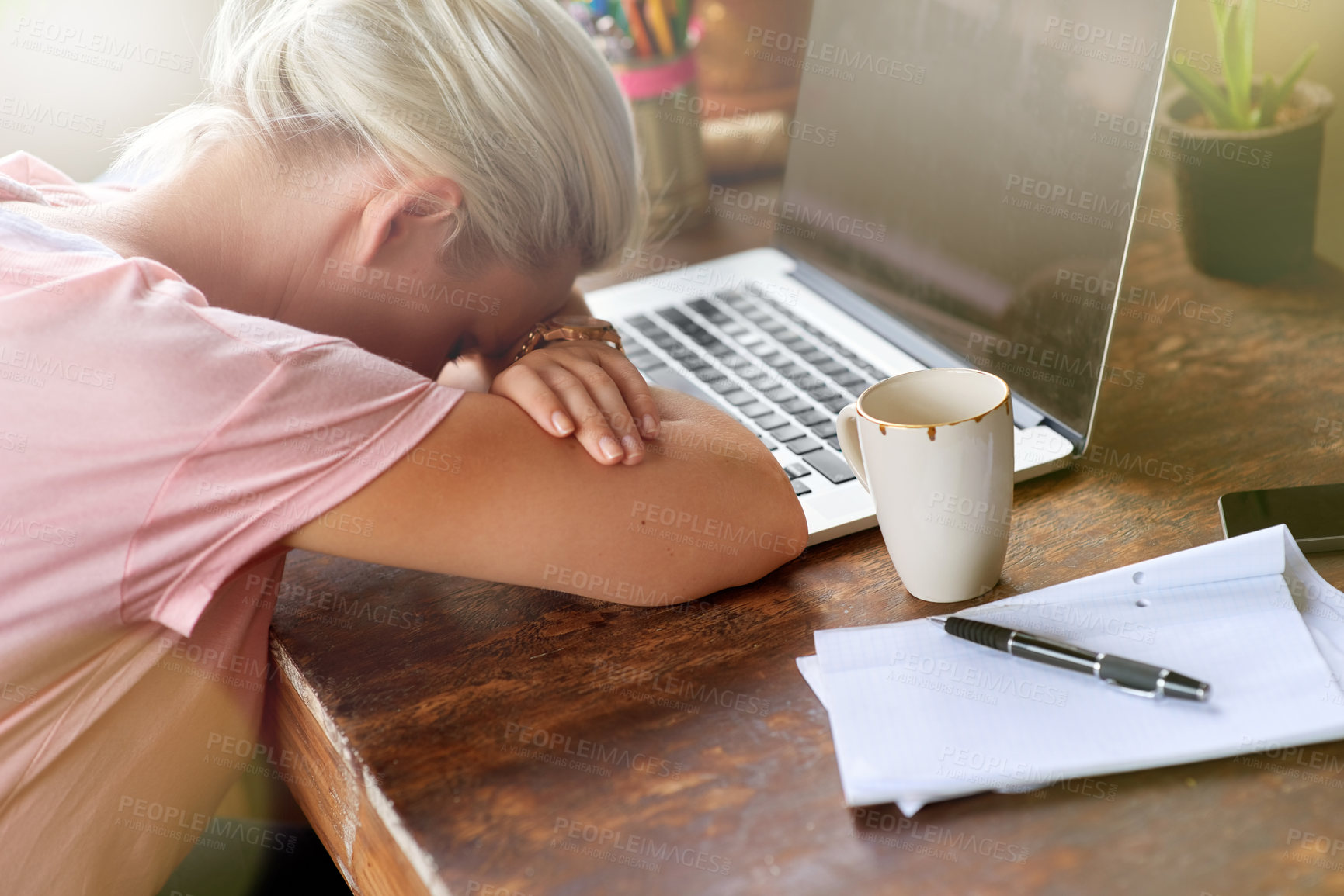 Buy stock photo Home, woman and sleeping at remote desk with rest from deadline, notes and coffee for freelancer project. Tired, fatigue and burnout from web work, online and content creator with nap by tech