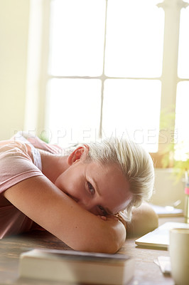 Buy stock photo Woman, portrait and rest on desk for remote work, break or smile for startup growth in home. Girl, happy or relax at tech with calm, peace or tired for creative small business management in Australia