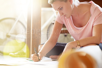 Buy stock photo Woman, workshop and drawing or illustration on paper for creative project, visual and design as artist. Female person, small business and employee with artwork, sketch and ideas with pencil at office