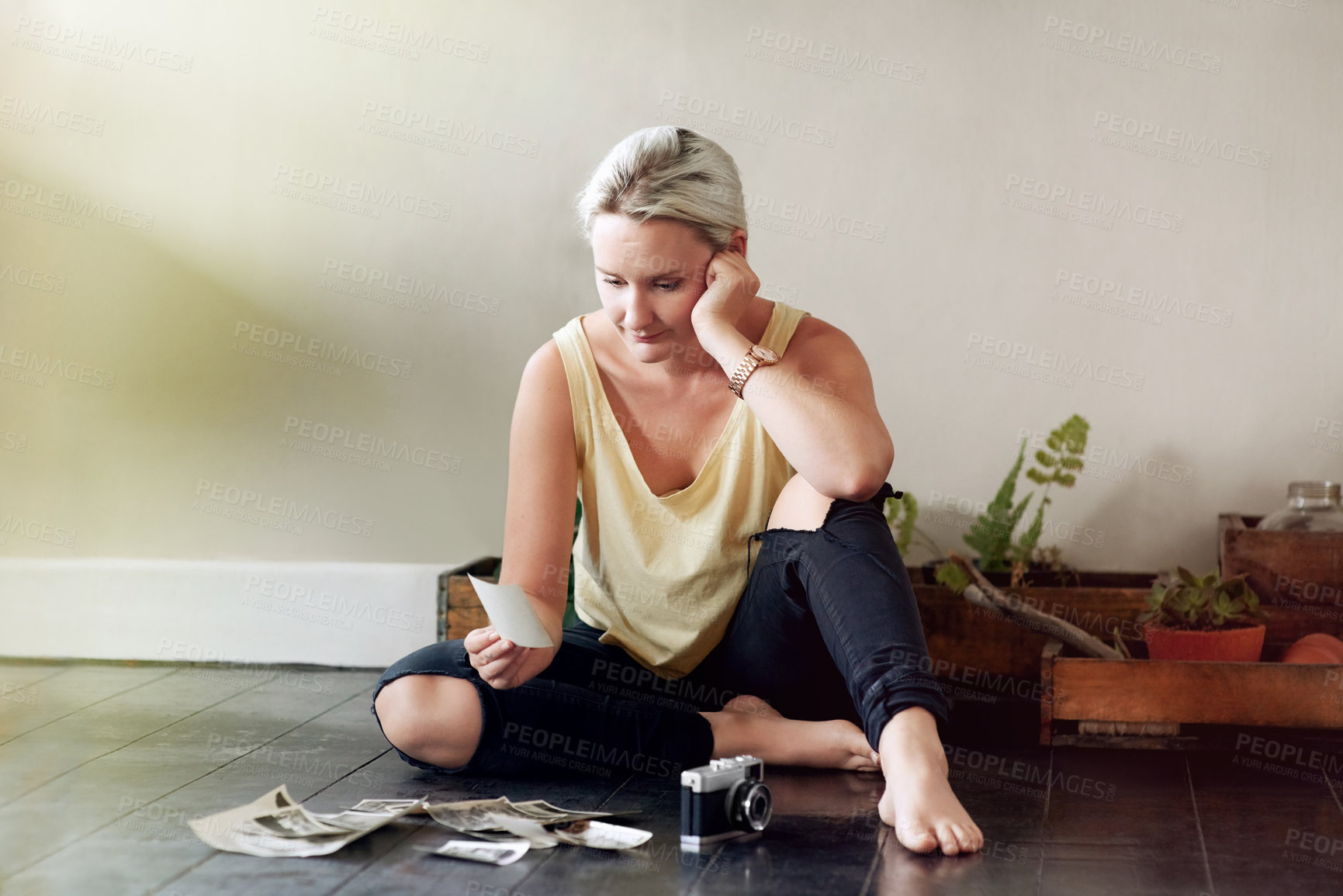 Buy stock photo Home, woman and camera with vintage photographs with inspiration for art project, memories and collection. Female person, freelancer and artist with career, skill and talent for art and creative