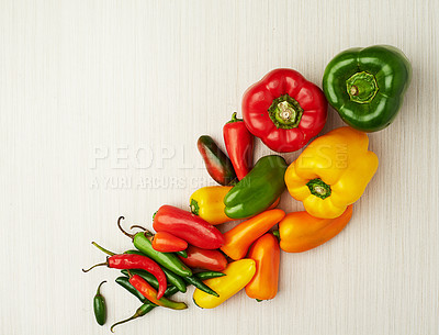 Buy stock photo Healthy food, vegetables and weight loss with mockup space in top view for balanced diet and vitamins. Wellness, natural produce and nutrition with flat lay and bell pepper or chilli for eating plan 