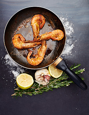 Buy stock photo Healthy, food and prawns in pan on table for natural, organic and nutrition to prepare seafood dish. Fish, protein and wellness with vitamin B, minerals and prevents cancer or inflammation in muscles