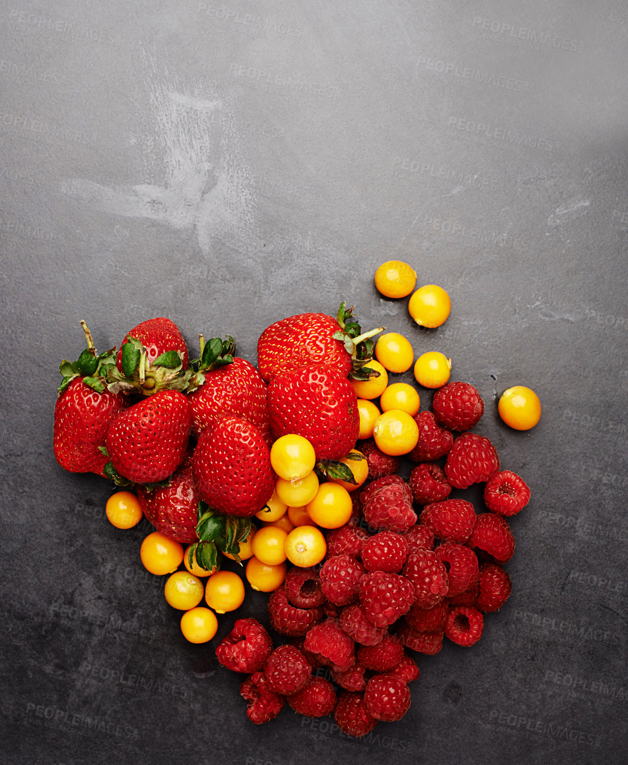 Buy stock photo Group, color and fruit by dark background for detox, smoothie and vegan diet on table with strawberry. Raspberry, gooseberry and fresh with protein on wood surface for health, milkshake and energy