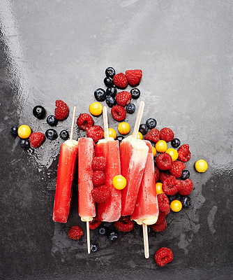 Buy stock photo Berries, popsicle or ice lollies for eating strawberry flavor dessert for sweet delicacy in restaurant. Raspberry, background or top view of a delicious frozen snack or cold tasty treat with fruits