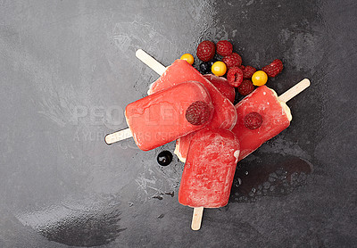 Buy stock photo Group, popsicle and fruit by dark background for ice, summer and dessert with blackcurrant. Gooseberry, raspberry and frozen snack with red color on countertop for sorbet, sweet taste and cold food